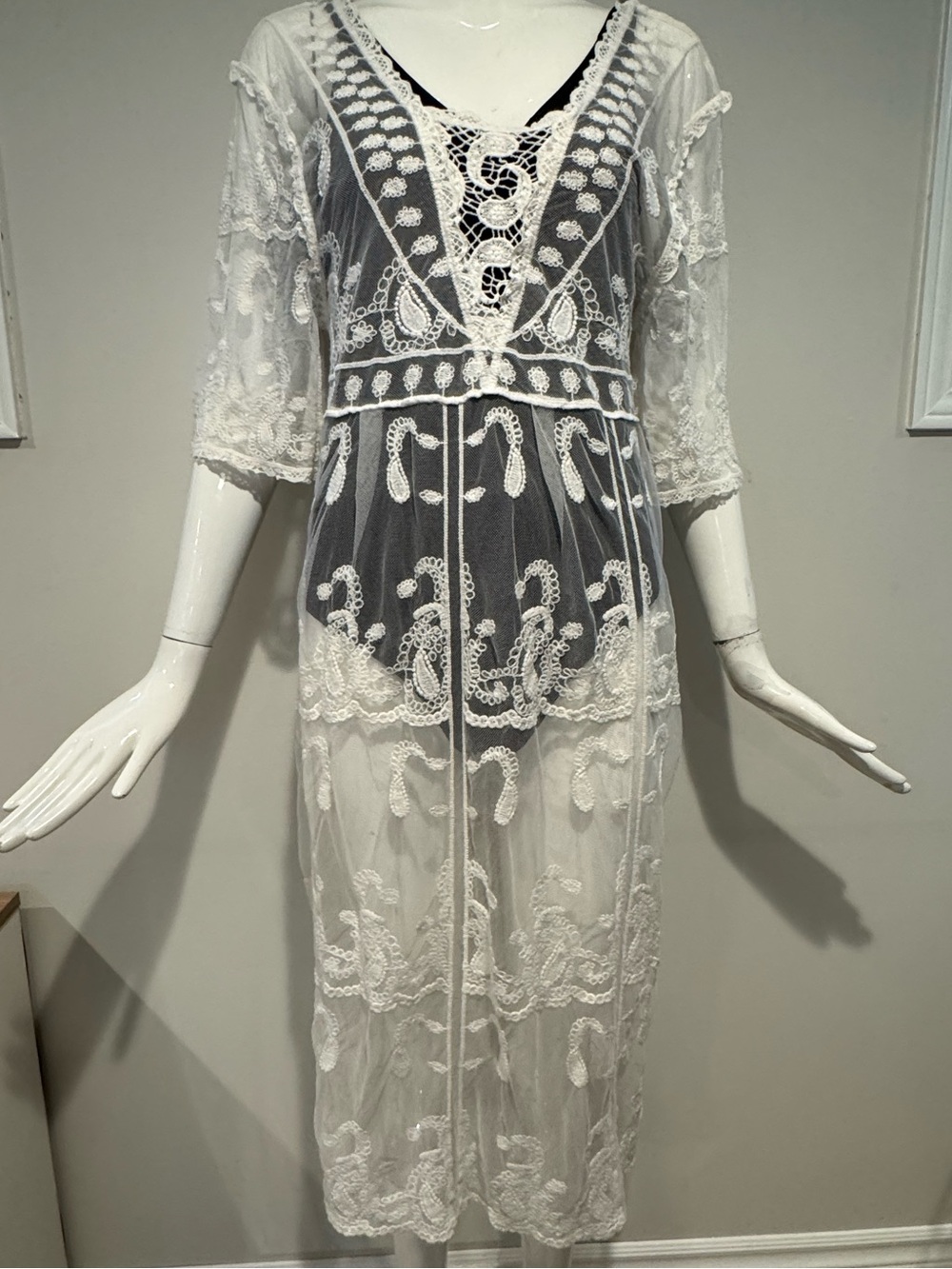 Boho White Lace Mesh Swim Cover Up Tunic Dress Beach Resort One Size
